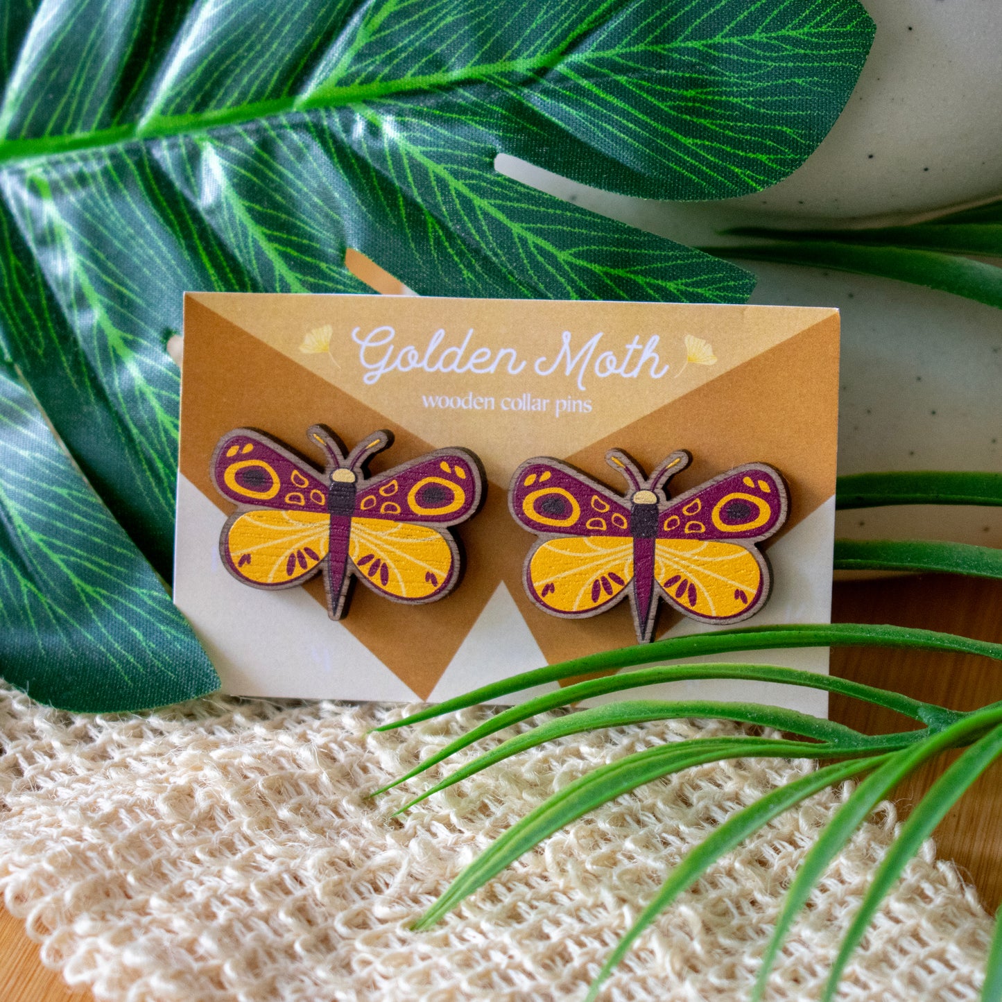 Golden Moth printed wooden collar pins