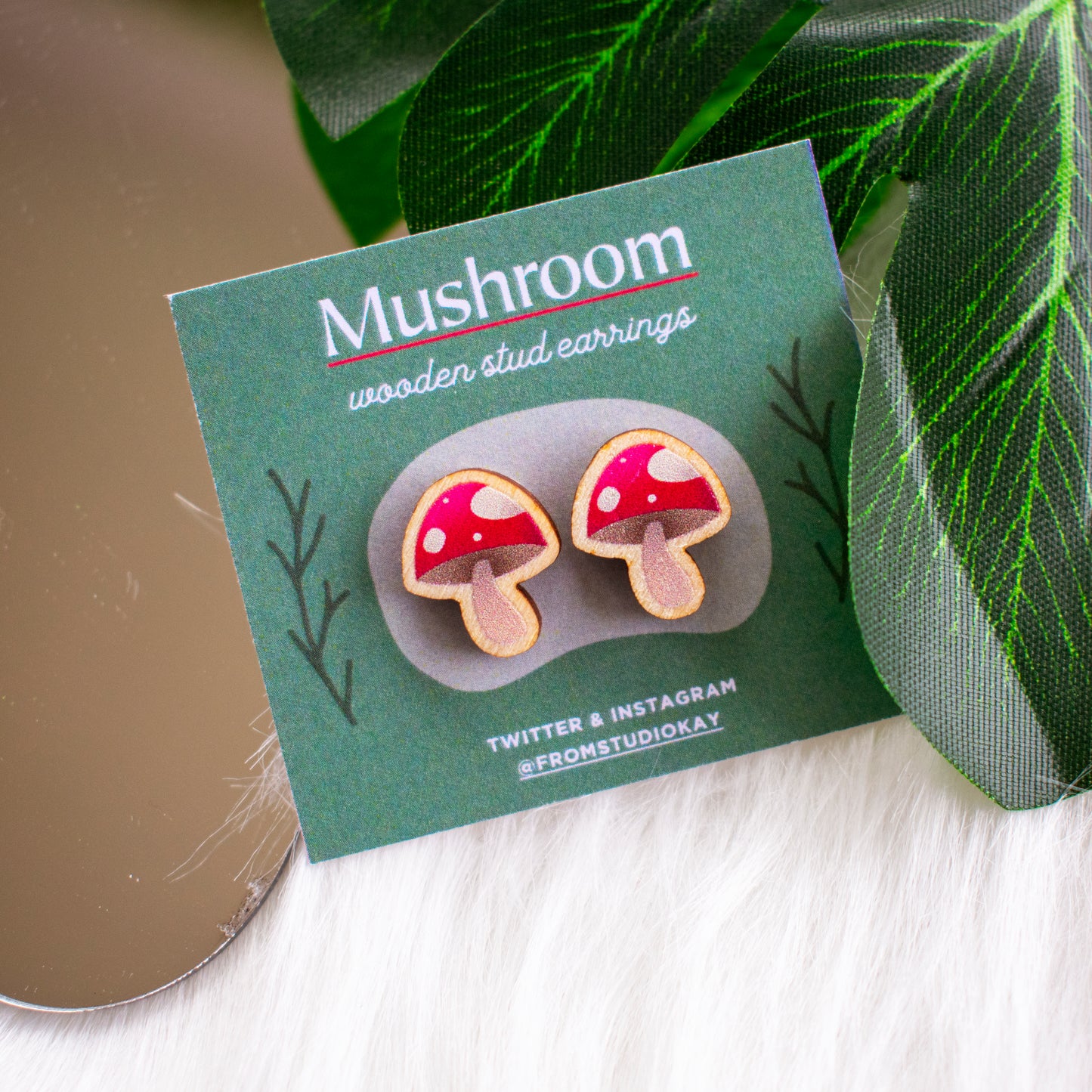 Mushroom wooden stud earrings